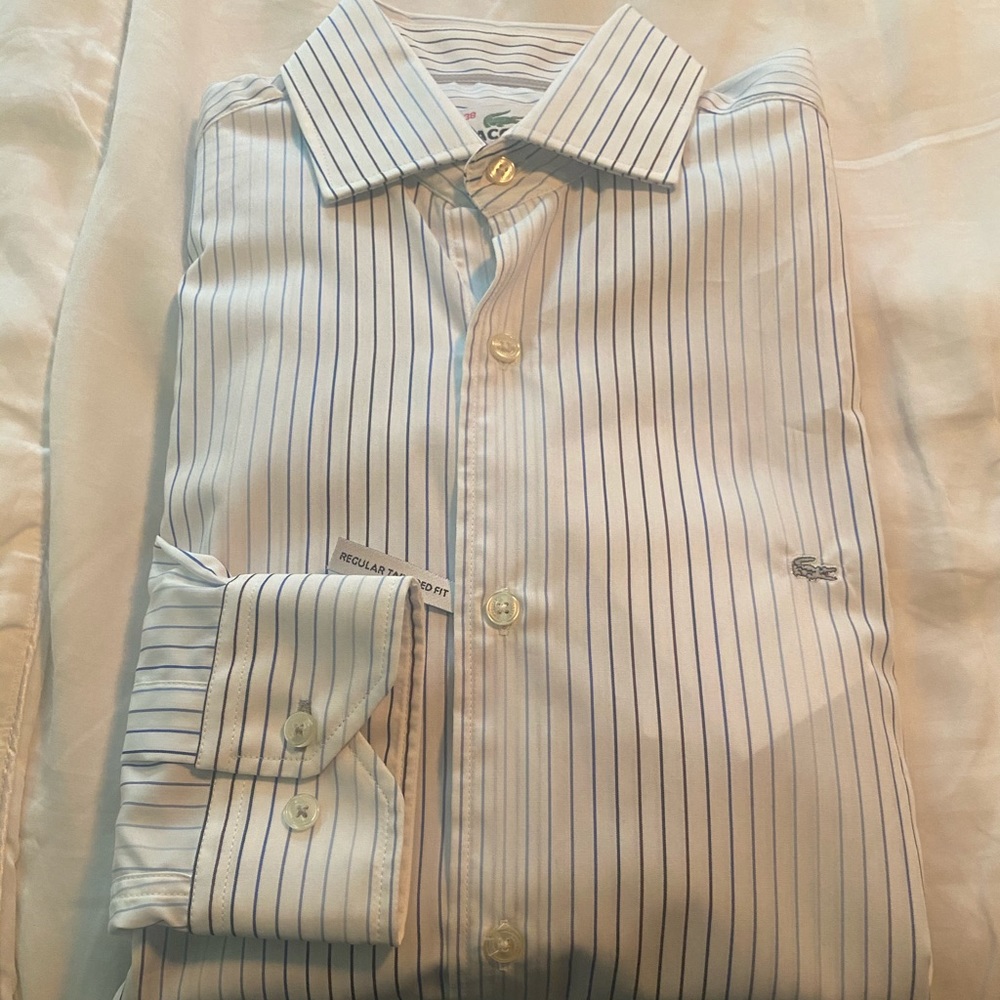 LACOSTE | luxe cotton stripped button down shirt, size small
